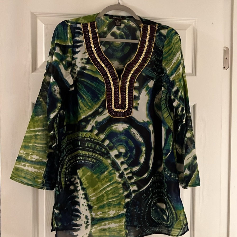 Andrea Jovine Chiffon Patterned Tunic. Sz Med. Blue/Green/White. Embellished.